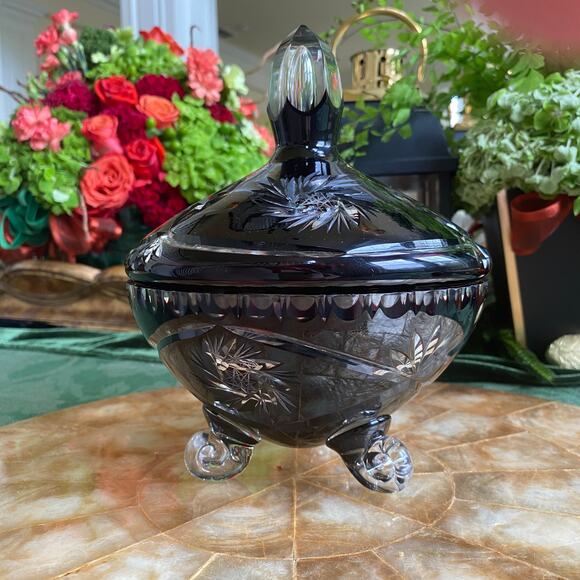 Antique Bohemian Amethyst Cut To Clear Crystal Footed Candy Dish Bowl with Lid - Picture 2 of 14